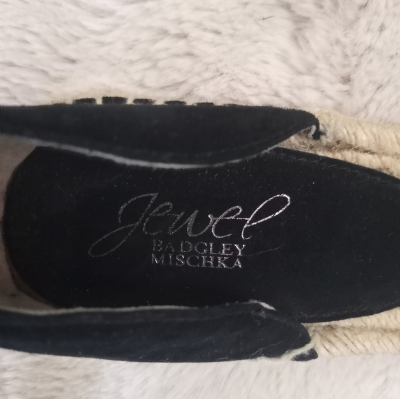 Jewel Badgley Mischka Black Suede Strappy Espadrilles with Buckle Ankle Strap - Picture 5 of 7